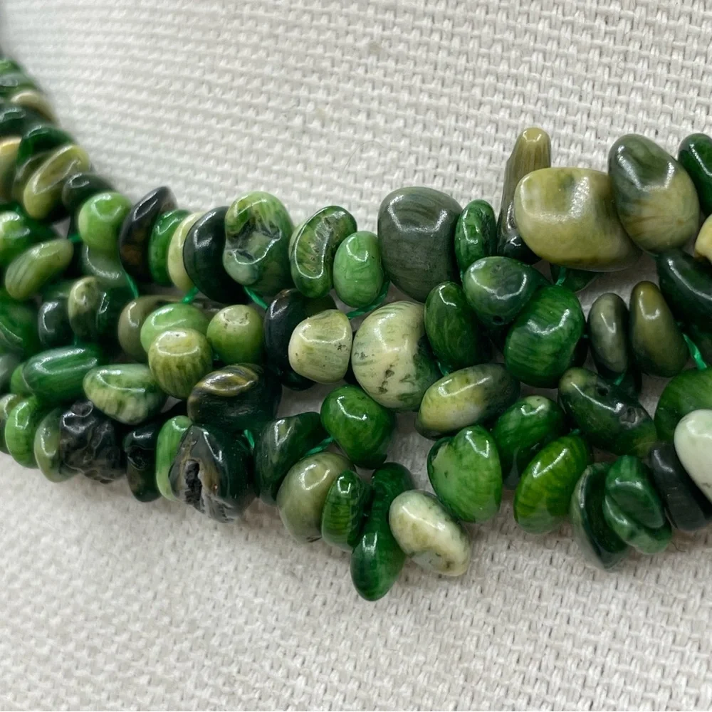 Beautiful Unsigned Green Jasper Multi Layer Statement Necklace Silver Tone